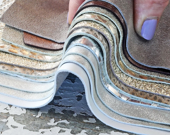 PLATINUM WHITE GUNMETAL leather scraps, metallic and not, smooth, solid tones, random assortment, grains various  0,7 lbs / 300 gr    B1526