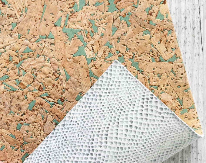 Cork Leather - Print Speckled Teal - Cork Printed Leather - Cowhide Backed Cork Sheets  B883