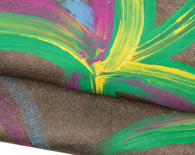 Multicolor texture on STEEL leather skin, PAINTED by hand, metallic goatskin with colorful print, luxurious hide for diy projects B18389-DM