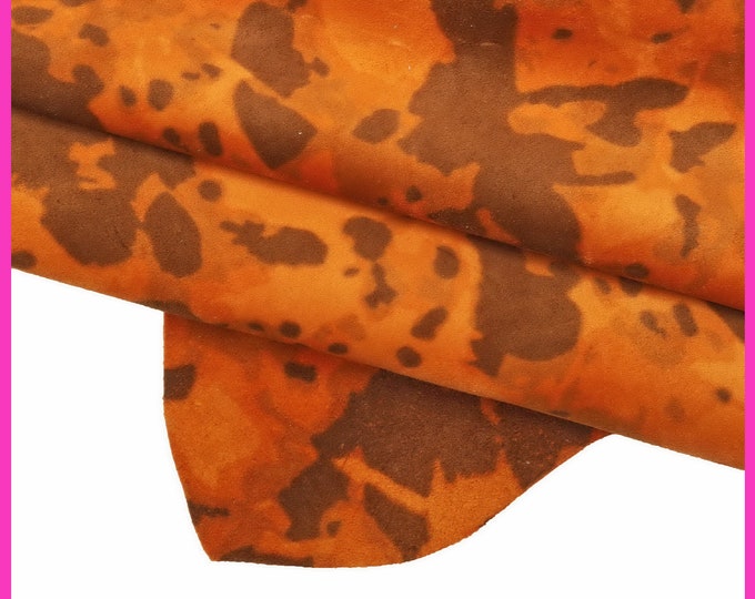 Orange brown CAMOUFLAGE printed leather hide, high quality textured suede baby calf, super soft suede cowhide B15979-ST La Garzarara