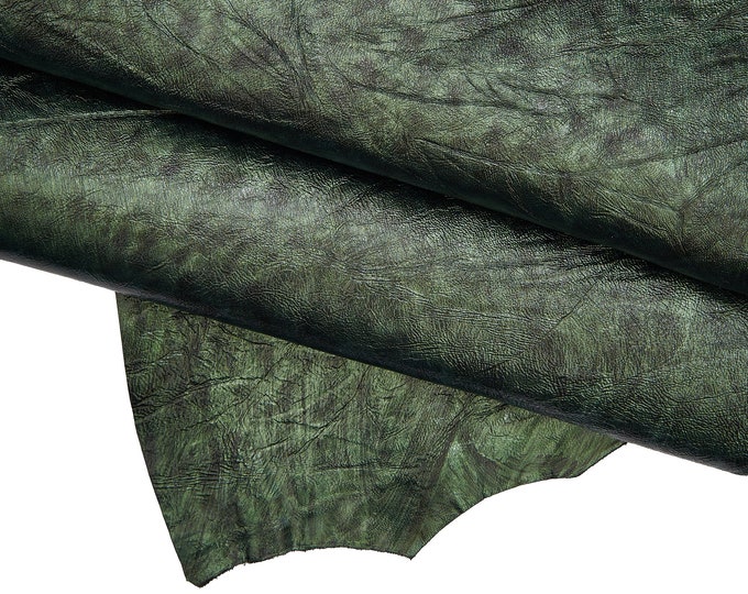 Metallic GREEN leather skin, glossy sporty goatskin, soft wrinkled patent hide, 0.9 - 1.1 mm B16609-VT La Garzarara