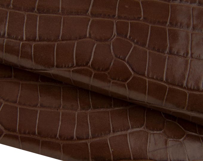 Brown CROCODILE embossed leather hide, animal printed cowhide, glossy calfskin, 0.9 - 1.0 mm for diy projects B17472-ST La Garzarara