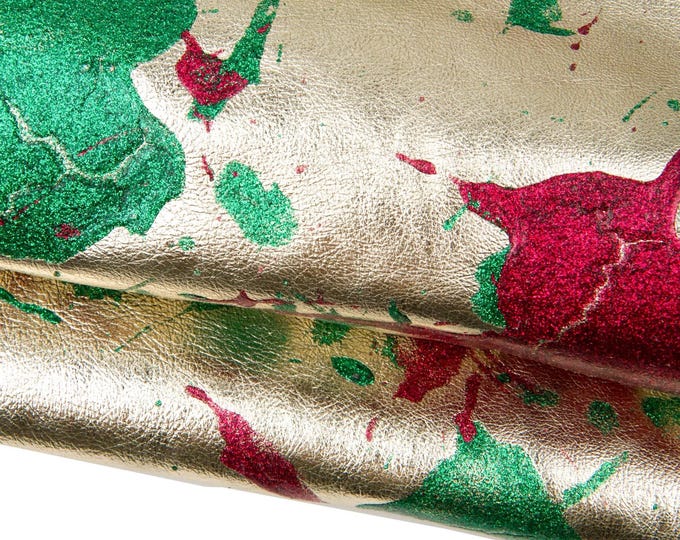 UPCYCLED luxurious metallic glittered leather skin, light gold goatskin - green / red SPLASH print, soft hide B18396-DM La Garzarara