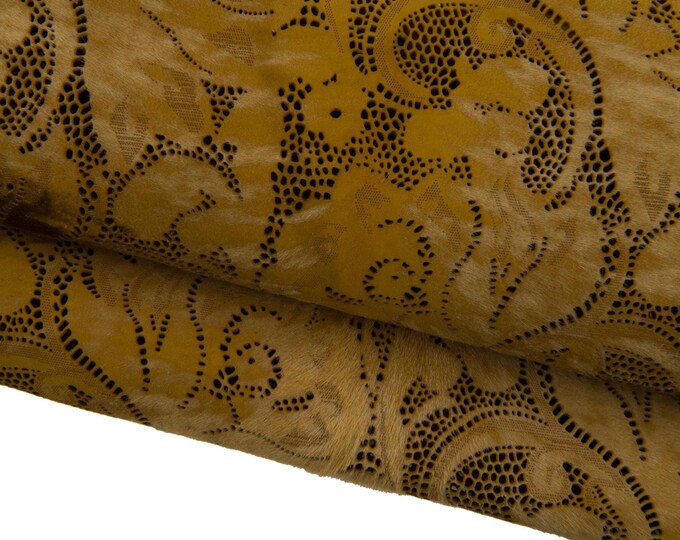 Tan brown FLORAL laser printed hair on leather hide, PIERCED pony calfskin, vintage perforated cowhide for crafters B17422-CV La Garzarara