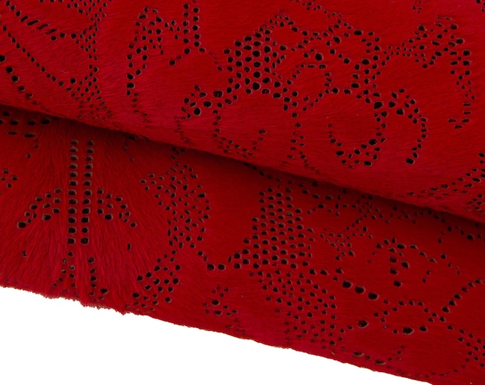 Red PERFORATED hair on leather hide, pierced printed pony calfskin, luxurious soft cowhide for diy objects B17430-CV La Garzarara