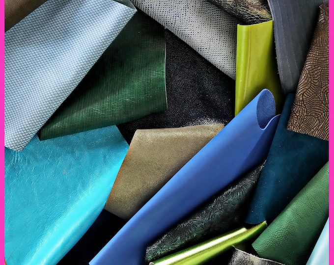 Leather scraps bag, BLUE and GREEN tones, fancy textures, foils and softness various, from 0,7 lbs to 2 lbs  B079