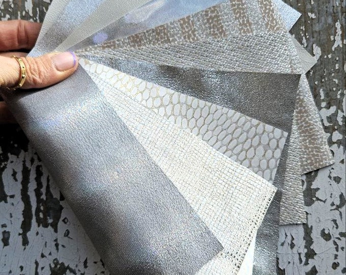 10 Selected leather scraps, SILVER and GREY colors, printed and foils various, mix selection leather remnants as per pictures  RT203