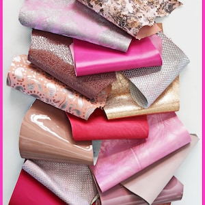 Sacchetto di ritagli di pelle miste, color ROSA, stampe, fantasie e morbidezze varie   0,300 kg   B1270-RC   La Garzarara