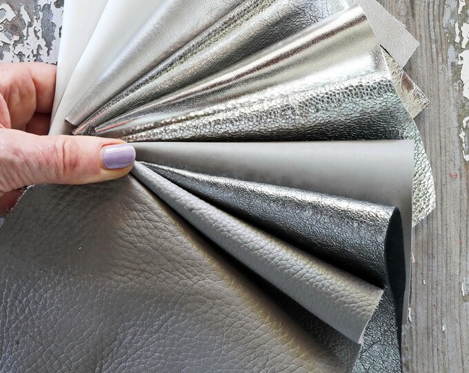 10 Leather scraps Silver, Light Grey and White metallic and NOT, smooth, solid tones, grains and softness various, random assortment   B1529