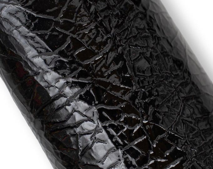 Black High Gloss Patent Leather Hide, High shine Crumpled Goat Skin, Thin soft Italian Leather for clothing  B19498-TB La Garzarara
