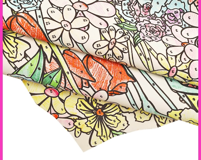 MULTICOLOR FLORAL printed leather skin, colorful flower print on lambskin, soft textured sheepskin b16241-st