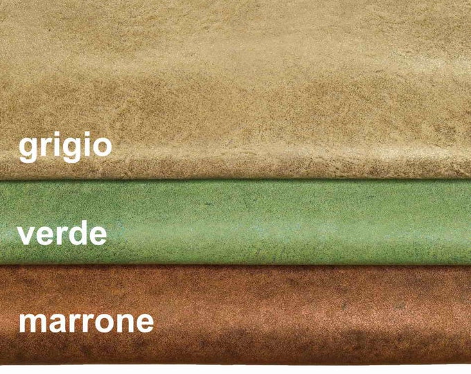 Thin thickness leather skins - grey green brown washed distressed hides - SPARKLES on vintage goatskin B13789-VT La Garzarara