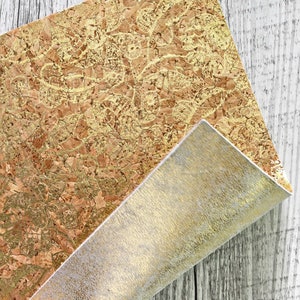 Pezzi di SUGHERO naturale stampa a fiori oro e PELLE nei toni oro e bianco accoppiata nel retro 15x12 / 25x20 / 30x30 cm  B955  La Garzarara