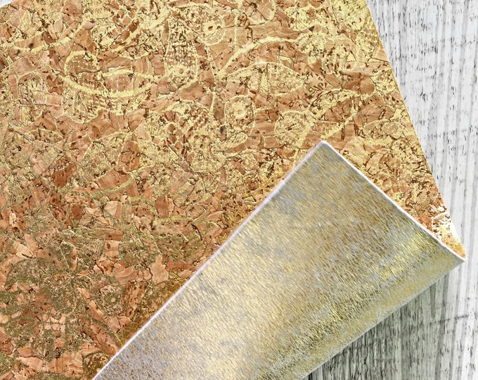 Cork Leather - Floral  print - Cork Printed Leather - gold and white cowhide Backed Cork Sheets 4,8x6" / 8x10" / 12x12"  B955   La Garzarara