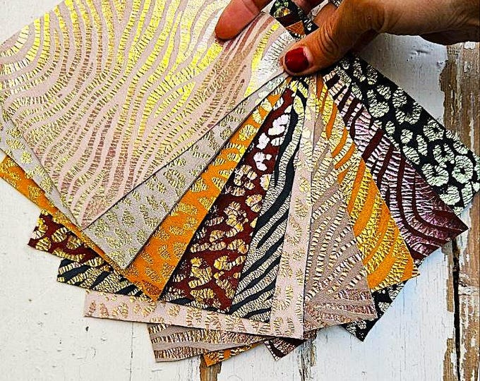 10 Selected leather scraps, ANIMAL prints, mix colorful selection leather remnants as per pictures  RT260 La Garzarara