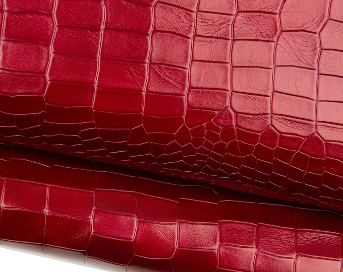 Burgundy CROCODILE printed leather hide, alligator print on calfskin, GLOSSY embossed cowhide for crafting B18692-ST La Garzarara