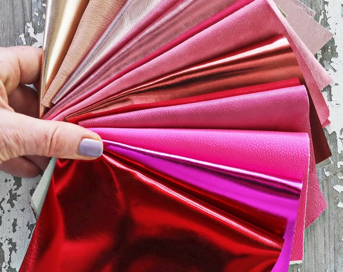 10 Leather scraps Red, Pink metallic and NOT, smooth, solid tones, grains and softnesses various, random assortment   B1537  La Garzarara