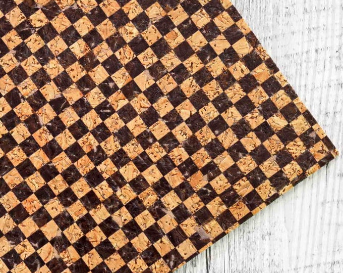 Chessboard Print CORK sheets -  textured vegan pieces , black squared print  fabric leather  4 x 6" / 8 x 10" / 12 x 12"  B949  La Garzarara