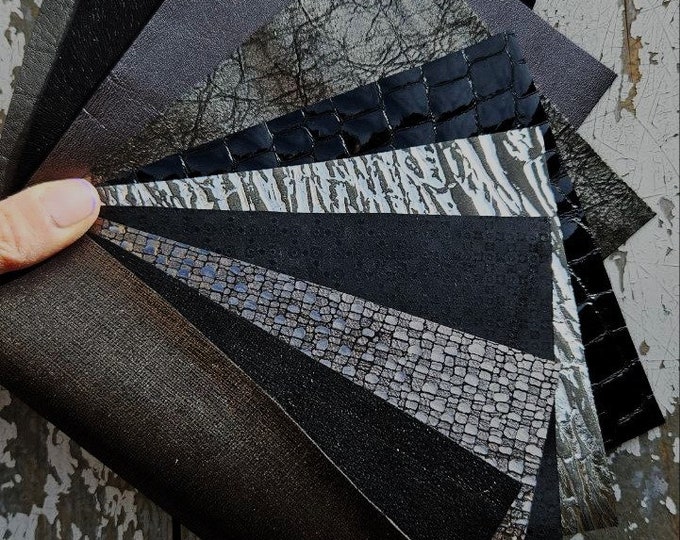 10 Premium Leather Scraps in Black & Anthracite, Mixed Prints and Textures, Assorted Remnants RT204 La Garzarara