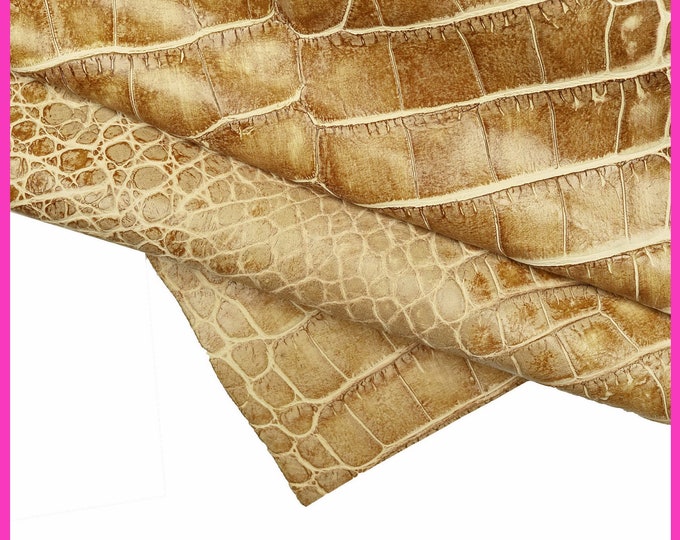 Rustic Camel Crocodile Embossed Leather Hide - Distressed Craft Supplies B15548-ST La Garzarara