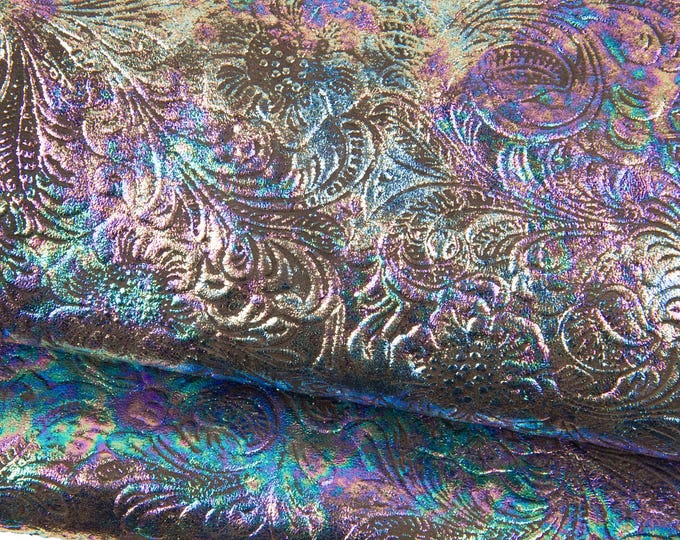 HOLOGRAPHIC metallic leather skin, bright FLORAL printed goatskin, soft iridescent sheepskin for crafters B18528-MT(st) La Garzarara