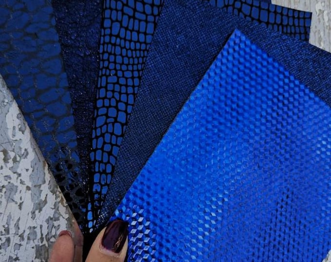 5 Selected leather scraps, BLUE tones, printed and metalic printed,mix selection leather pieces as per pictures RT247   La Garzarara