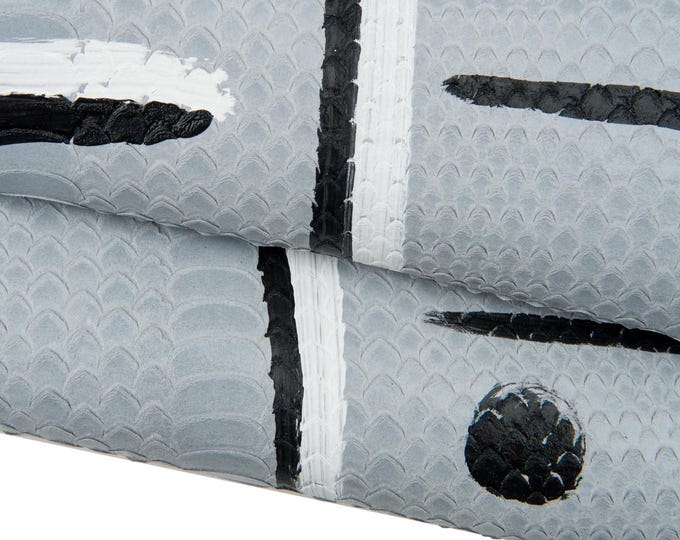 Grey REPTILE handpainted leather hide, GEOMETRICAL white and black print goatskin, unique piece for crafters   B18404-DM La Garzarara