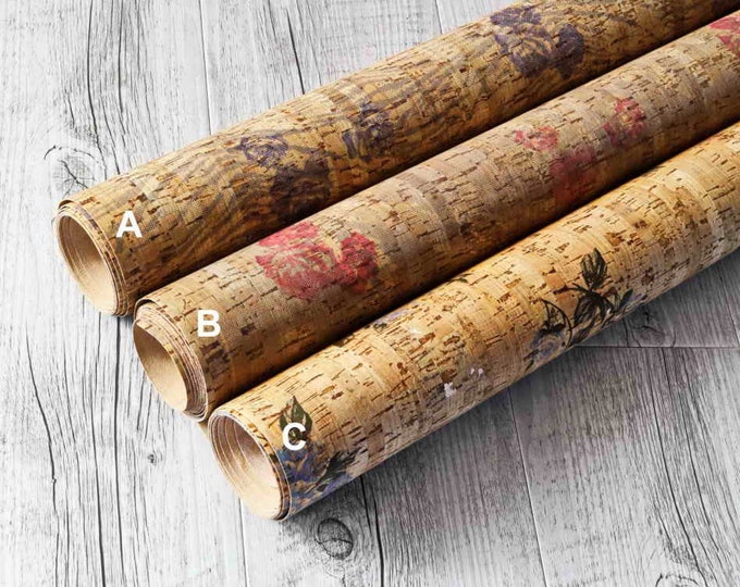 Natural CORK sheets - floral printed fabric pieces, made in Italy,  flower textured vegan leather   B874  La Garzarara