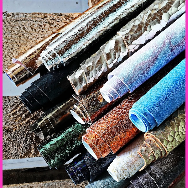 Mix leather scraps CRACKLED effect, metallic and not, crakle pcs, colors and finishing various, italian leather pcs -1 lbs and 2 lbs  B102/B