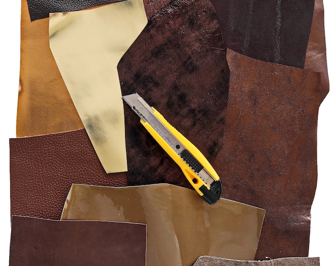 BROWN and BRONZE leather scraps, metallic and not, smooth, solid tones, random assortment, grains various  0,7 lbs / 300 gr    B1525