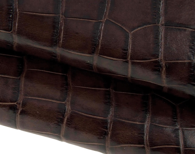 Brown CROCODILE embossed leather hide, animal printed glossy calfskin, stiff cowhide 0.8 - 1.0 mm B17465-ST La Garzarara