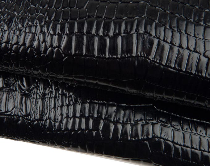 Black CROCODILE embossed leather hide, ALLIGATOR print on cowhide, soft calfskin for crafting, 0.7 - 0.9 mm B18648-TB La Garzarara
