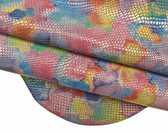 MULTICOLOR PYTHON printed leather hide, colorful artistic reptile embossed goatskin, glossy fantasy skin b14962-st/b
