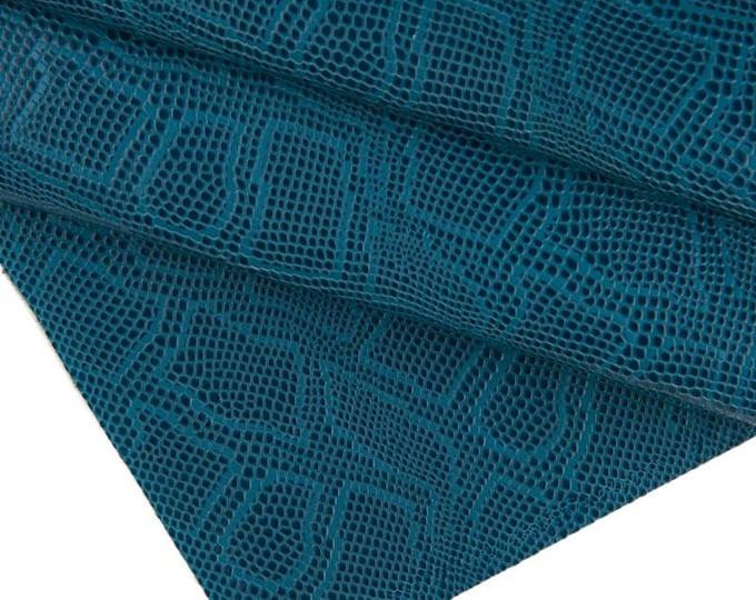 Petroleum blue PYTHON embossed leather hide, glossy reptile printed cowhide, snake print on soft calfskin 1.1 - 1.3 mm B16734-ST