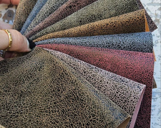 10 Premium Leather Scraps in Multicolor Tones, Mixed Prints with Crackle Effects, Assorted Remnants RT216 La Garzarara