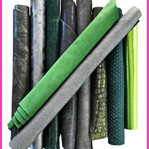 Mix leather scraps - GREEN and GREY tones - fancy textures, prints and softness various, 10 or 15 italian leather pieces for crafts B093