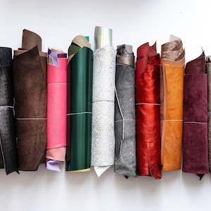 Genuine Leather 30 Scraps Bundle, Assorted 6 Colors Mix, Solid and Printed Pieces, 8x10&quot;-25x20 cm for Crafting, Sewing, Leatherwork
