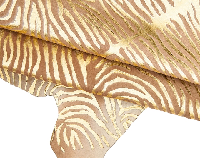 ZEBRA textured hair on leather hide, gold animal print on beige pony calfskin, soft hairy cowhide B16578-CV La Garzarara