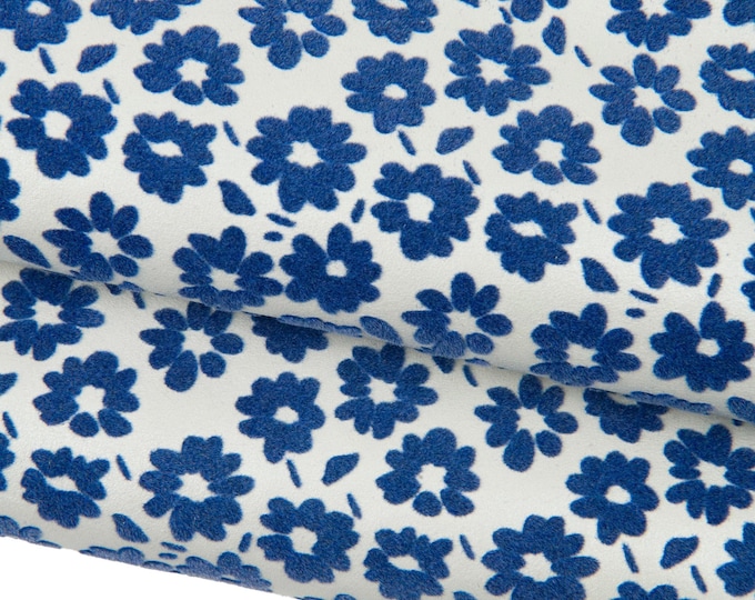 FLORAL textured leather skin, yellow - blue FLOCK print on white goatskin, original soft material for hobbyists B18518-ST La Garzarara