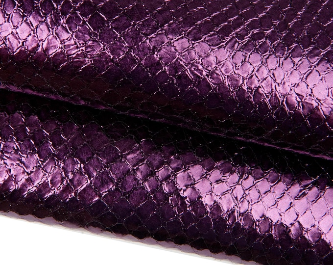 PURPLE python leather skin, metallic REPTILE printed goatskin, glossy soft hide for diy projects B18205-MT(st)   La Garzarara