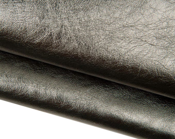 Steelmetal leather hide, graphite grey METALLIC cowhide, glossy WRINKLED calfskin for diy projects B18122-MT La Garzarara