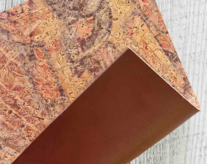 CORK sheets leather backed cork, made in Italy, abstract textured, brown, green,red tones, letters print, brown calfskin on the back B919