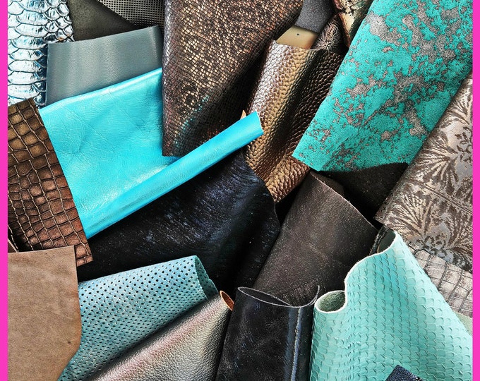 Leather scraps bag, BLUE and GREY tones, fancy textures, foils and softness various, 0,7 lbs to 2 lbs  B053