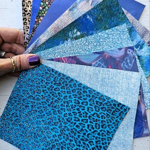 10 Ritagli di pellami unici selezionati, BLU ,stampe varie, laminate e non, pezzi mix di fantasie come da foto RT277  La Garzarara