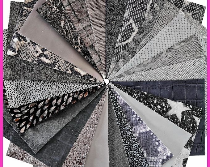 Stock of 12 MIXED PIECES gray, steel, gun metal, pre cut leather hide, printed, metallic random selection, 5x6" / 15x12 cm  B14461-PZ