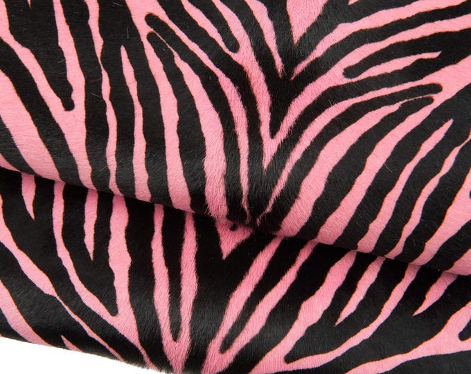 ZEBRA printed HAIR ON leather hide, pink - black zebra textured pony calfskin, soft cowhide for crafting B18651-cv  La Garzarara