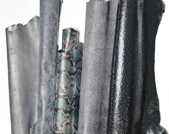 Full Leather skins BLUE and STEEL palette, RANDOM assortment, mix of patterns and solid colors, crafting leather bundles  B144  La Garzarara