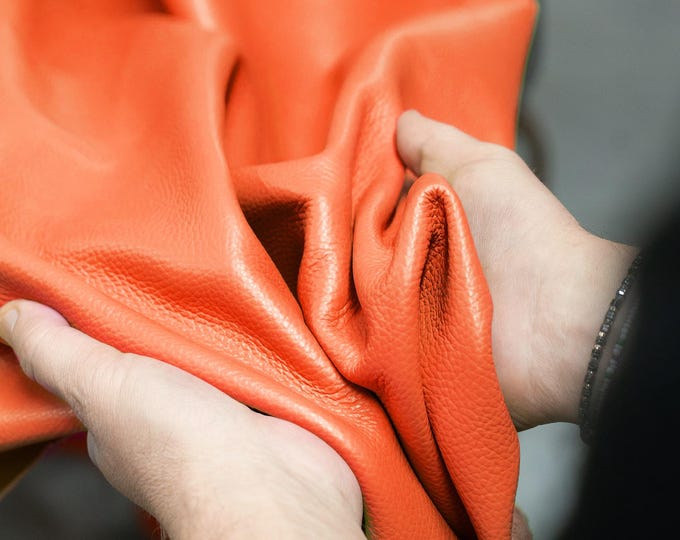 Orange calf leather hide full grain cowhide skin textured upholstery, leather for chairs, sofas,  structured bags   1.2 - 1.4 mm