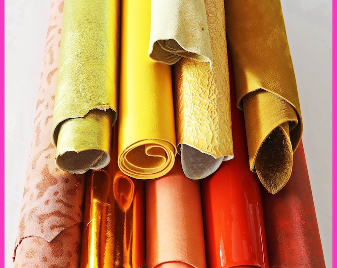 Bundle leather of 10 random YELLOW ORANGE matching skins, lot of smooth, metallic, printed full hides B14829-ST La Garzarara