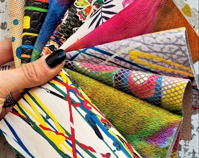 10 Selected leather scraps, various tones, MULTICOLOR printed, mix colorful selection pre-cut leather remnants as per pictures  RT98
